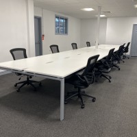 Adapt bench desk with Luna black mesh back chairs